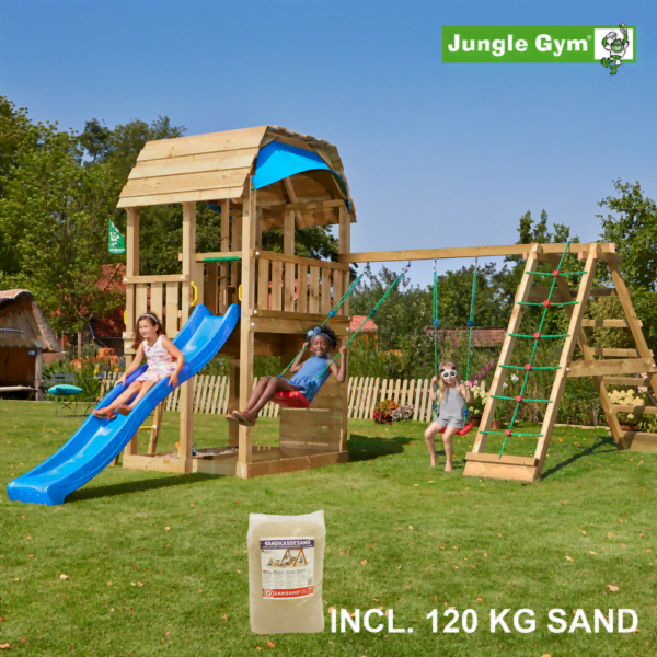 Jungle Gym Barn leikkitornikokonaisuus ja Climb Module X'tra, 120 kg hiekkaa sekä sininen liukumäki