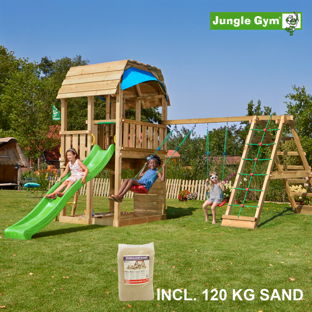 Jungle Gym Barn leikkitornikokonaisuus ja Climb Module X'tra, 120 kg hiekkaa sekä vihreä liukumäki