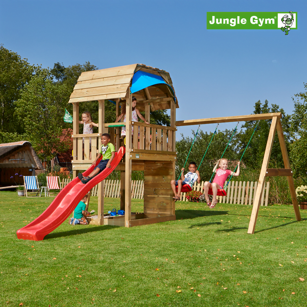 Jungle Gym Barn leikkitornikokonaisuus ja Swing Module X'tra sekä liukumäki