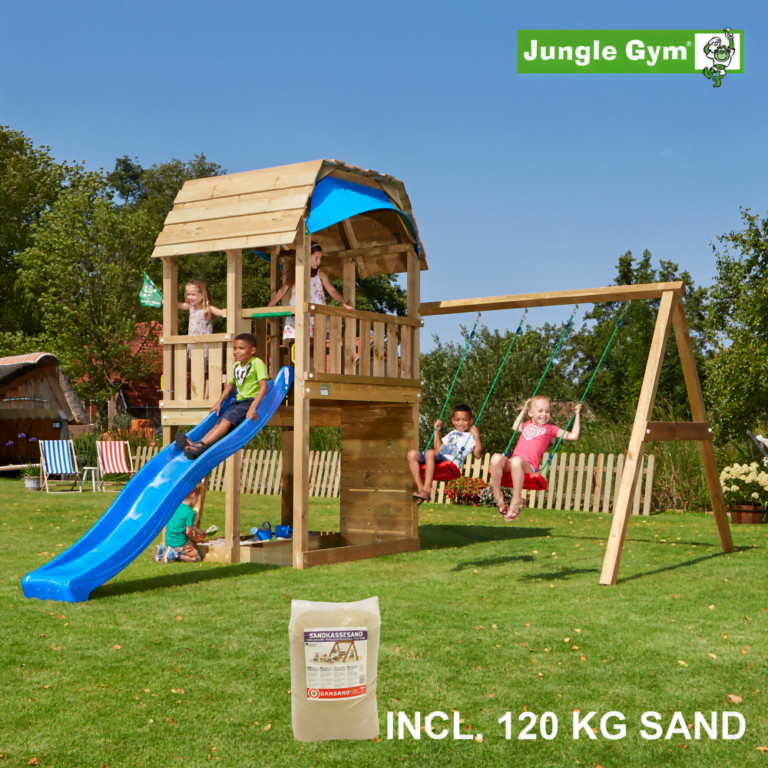 Jungle Gym Barn leikkitornikokonaisuus ja Swing Module X'tra, 120 kg hiekkaa sekä sininen liukumäki