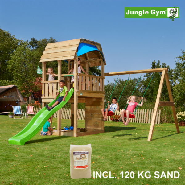 Jungle Gym Barn leikkitornikokonaisuus ja Swing Module X'tra, 120 kg hiekkaa sekä vihreä liukumäki