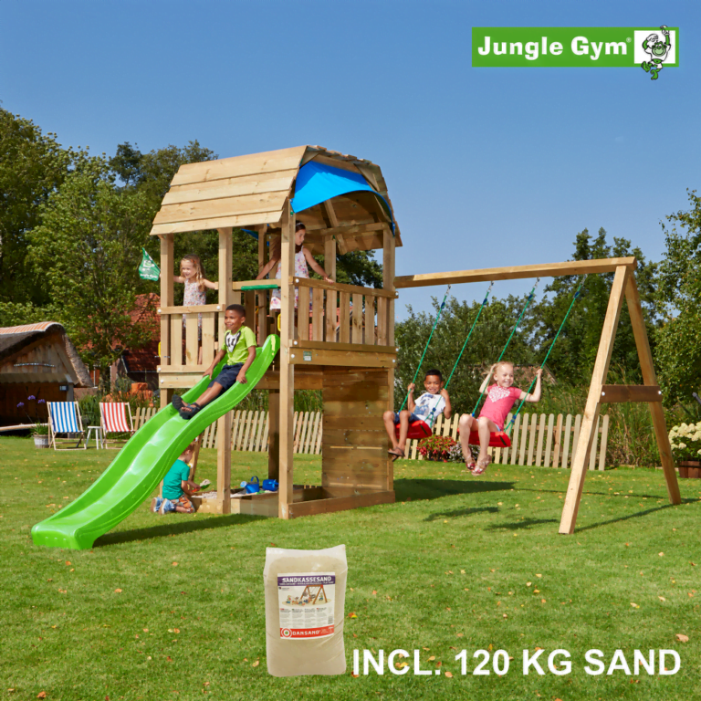 Jungle Gym Barn leikkitornikokonaisuus ja Swing Module X'tra, 120 kg hiekkaa sekä vihreä liukumäki