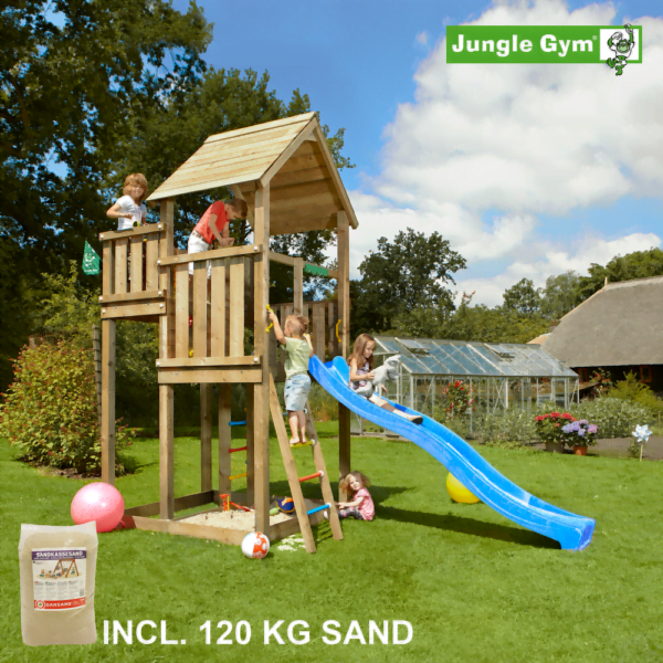 Jungle Gym Palace leikkitornikokonaisuus ja 120 kg hiekkaa sekä sininen liukumäki