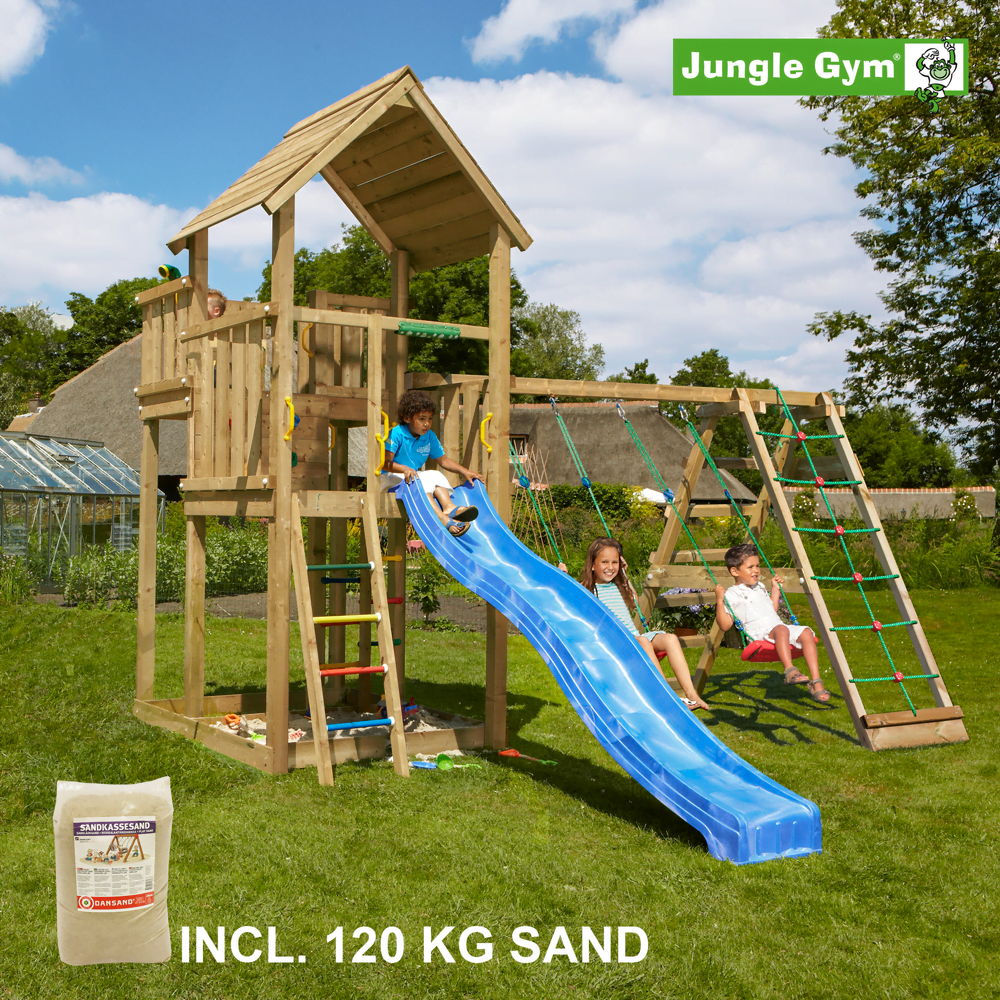 Jungle Gym Palace leikkitornikokonaisuus ja Climb Module X'tra, 120 kg hiekkaa sekä sininen liukumäki