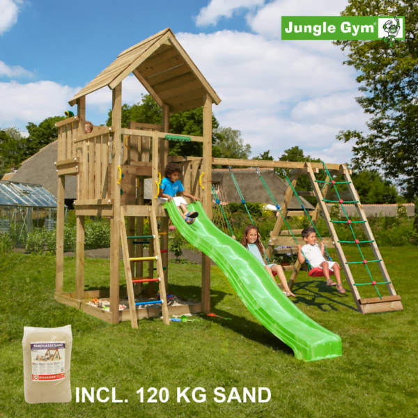 Jungle Gym Palace leikkitornikokonaisuus ja Climb Module X'tra, 120 kg hiekkaa sekä vihreä liukumäki