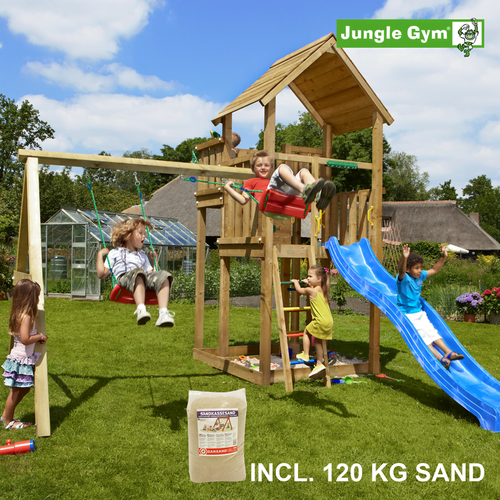 Jungle Gym Palace leikkitornikokonaisuus ja Swing Module X'tra, 120 kg hiekkaa sekä sininen liukumäki