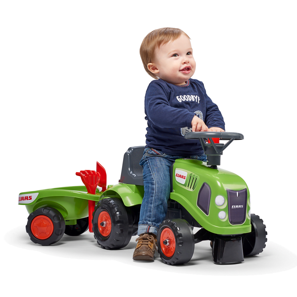Ride-on traktori peräkärryllä, haravalla ja lapiolla FALK baby Claas