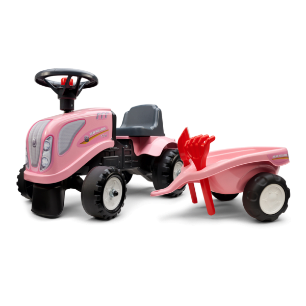Ride-on traktori peräkärryllä, haravalla ja lapiolla FALK baby girl New Holland