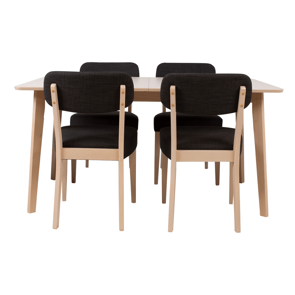 Ruokailuryhmä ADORA pöytä + 4 tuolia, pyökkirunko, kangasverhoilu, tummanharmaa