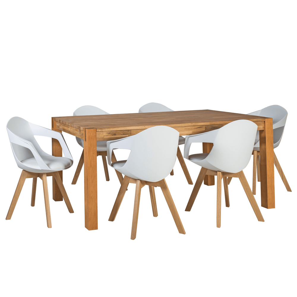 Ruokailuryhmä CHICAGO NEW pöytä + 6 tuolia, viilutettu puurunko, keinonahkaa, valkoinen