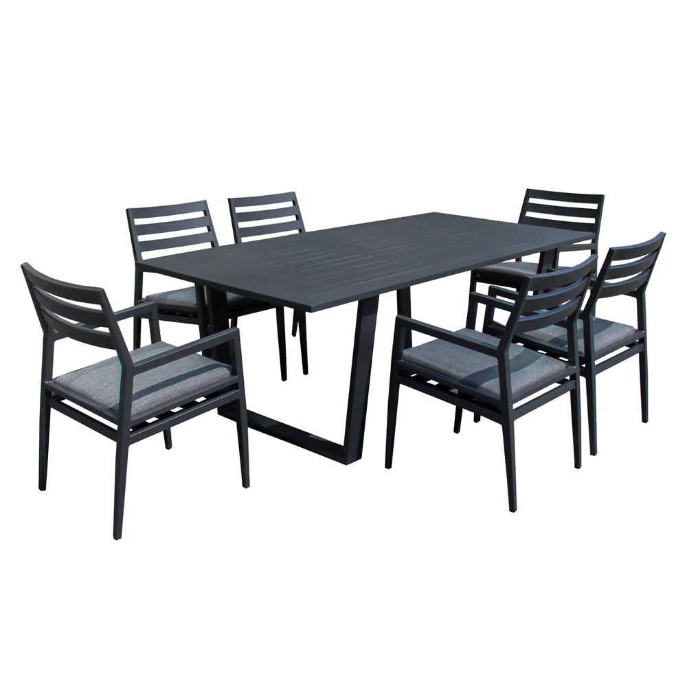 Puutarharyhmä PHOENIX, pöytä ja 6 tuolia, alumiinirunko tekstiiliverhoilulla, harmaa