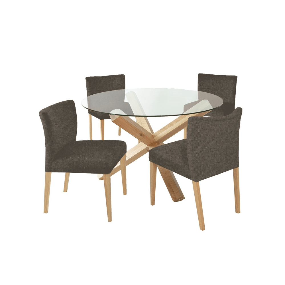 Ruokailuryhmä TURIN pöytä + 4 tuolia, tammirunko, lasikansi, ruskea