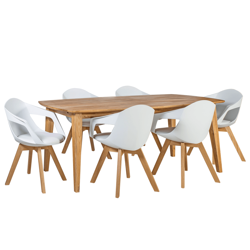 Ruokailuryhmä RETRO pöytä + 6 tuolia, tammirunko, keinonahkaa, valkoinen