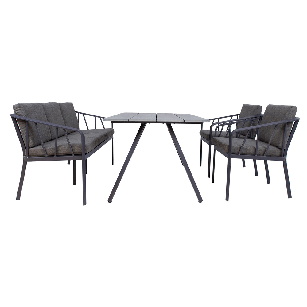Puutarharyhmä KAHLA sohva + 2 tuolia + pöytä, alurunko, polywood-kansi, olefin-verhoilu, harmaa