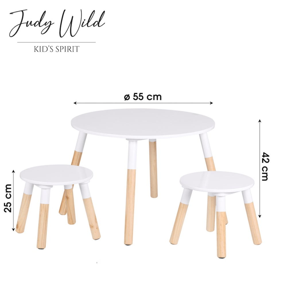 Judy Wild Kid's Spirit Lastenpöytä ø55xK42cm + 2 tuolia , mäntyjalat, valkoinen/beige