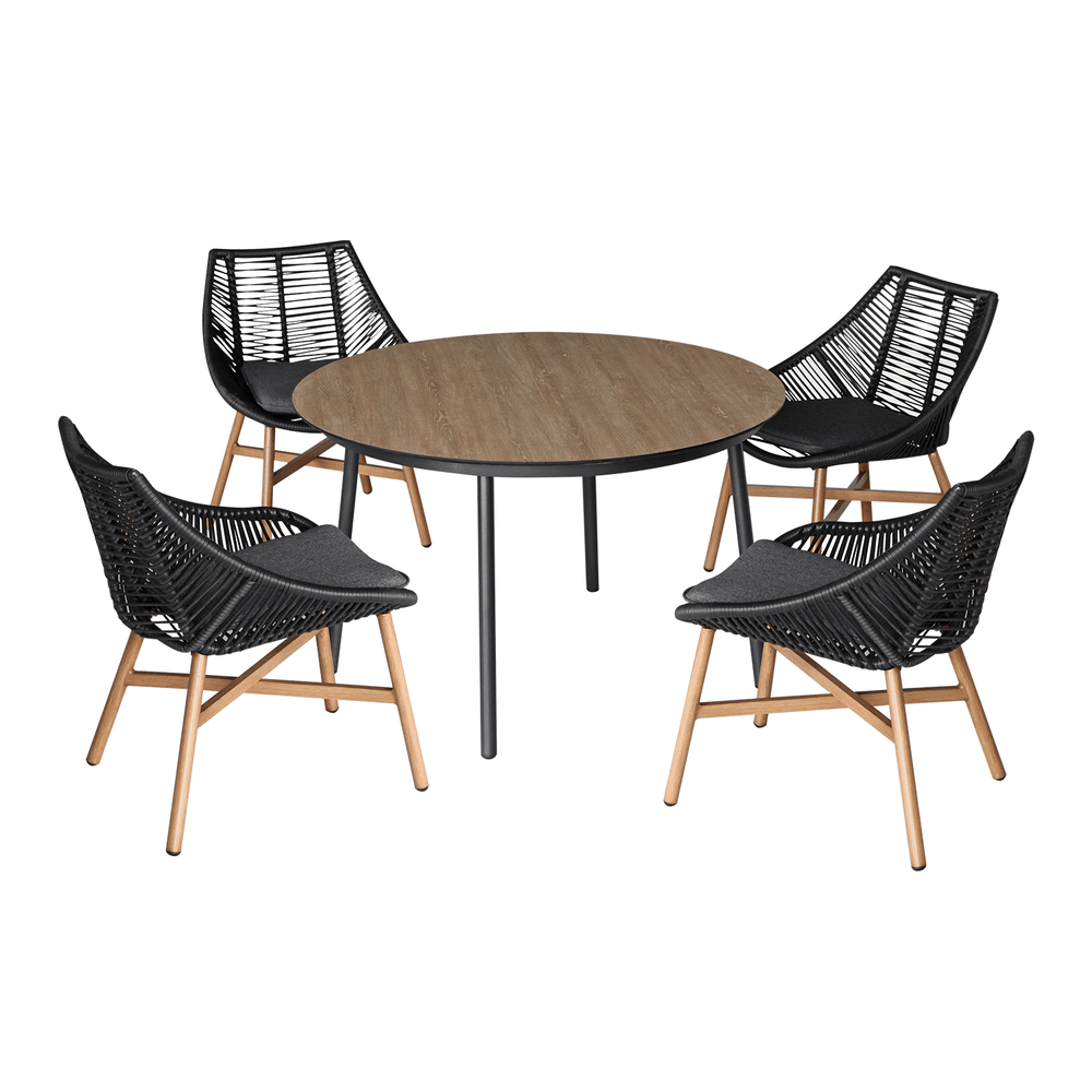 Puutarharyhmä HELSINKI, pöytä + 4 tuolia, alumiinirunko muovipunoksella, tummanharmaa/ruskea