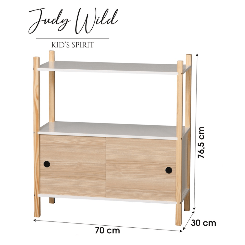 Judy Wild Kid's Spirit Lasten kaappi liukuovilla ja hyllyllä 70x30xK76.5cm, mäntyjalat, beige/valkoinen