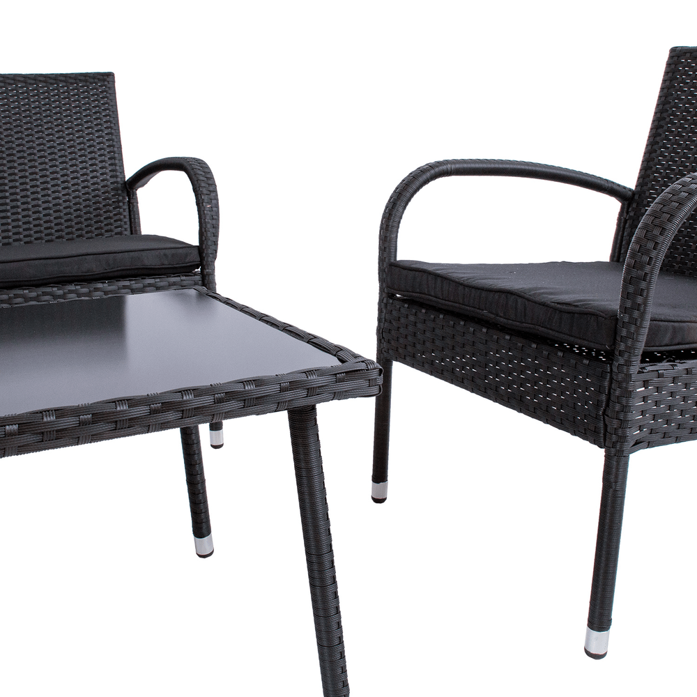 Puutarharyhmä VIENNA sohva + 2 nojatuolia + pöytä, teräsrunko polyrottingilla, kangasverhoilu, musta