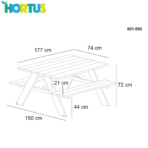 Pöytä ja penkki yhdistelmä A-malli lehtikuusi ja alumiinirunko pyörillä