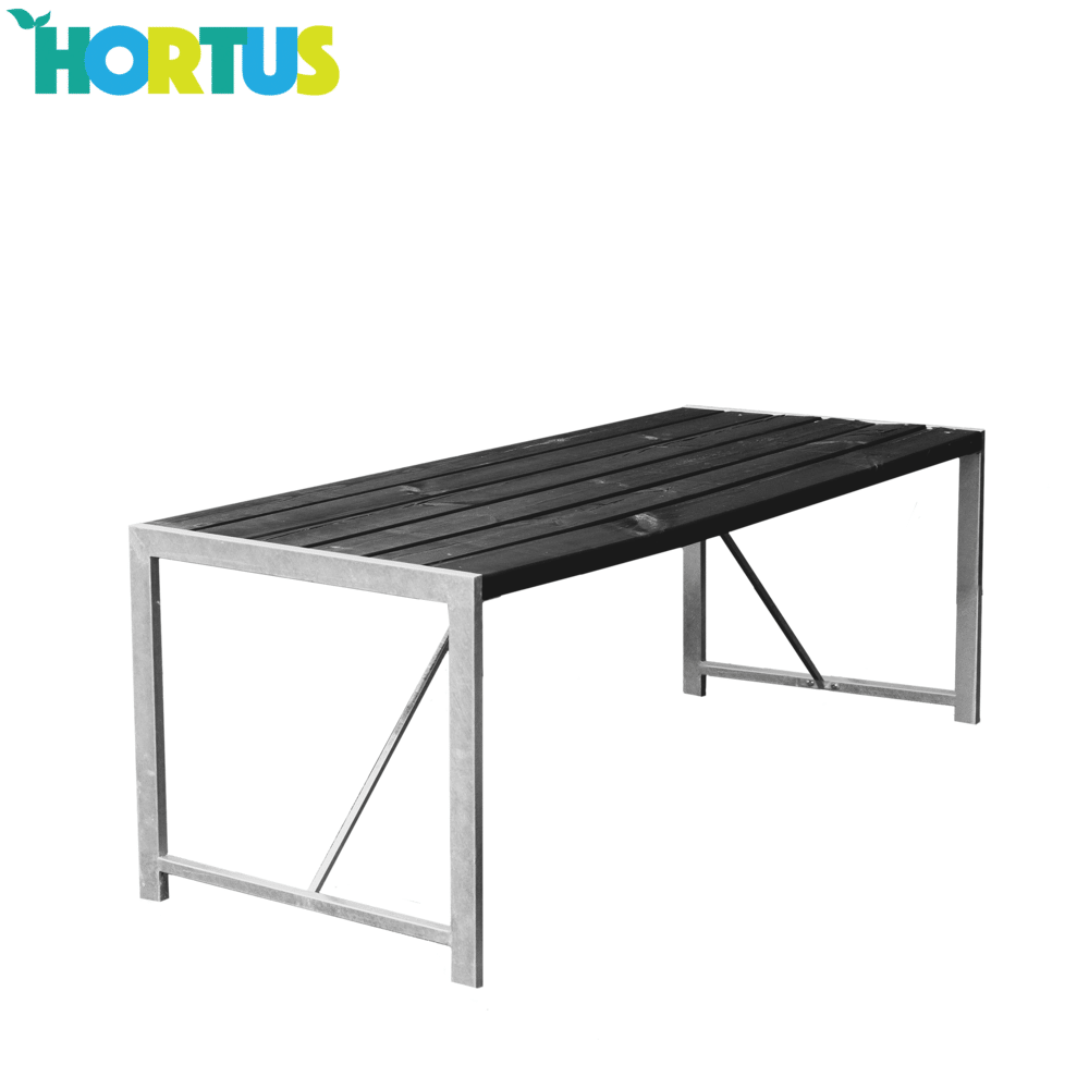 Pöytä ja 2 penkkiä H-malli mustaksi petsattu ja galvanoitu runko