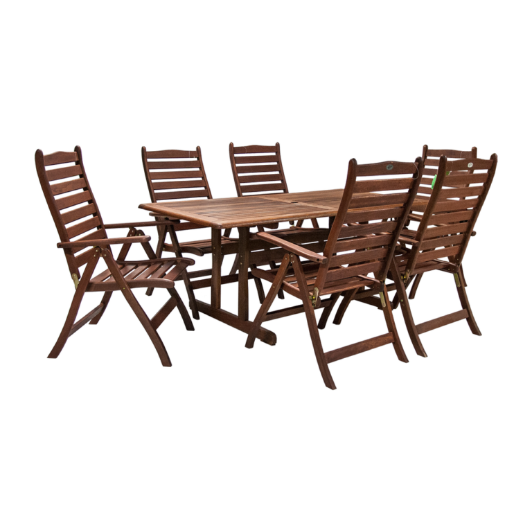 Ruokailuryhmä VENICE puutarhaan, pöytä + 6 tuolia, merantirunko taitettava, tummanruskea
