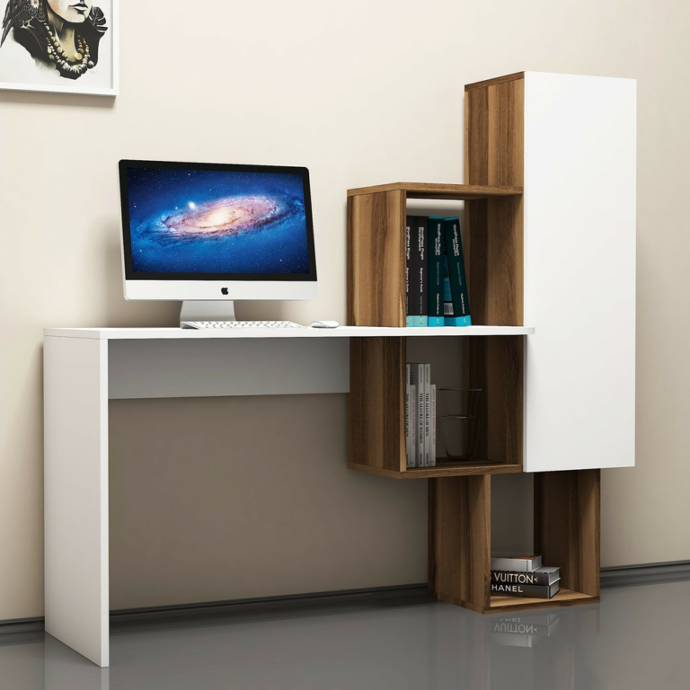 Chic Home Aaro työpöytä hyllyköllä 145x45xK142 cm, valkoinen/ruskea